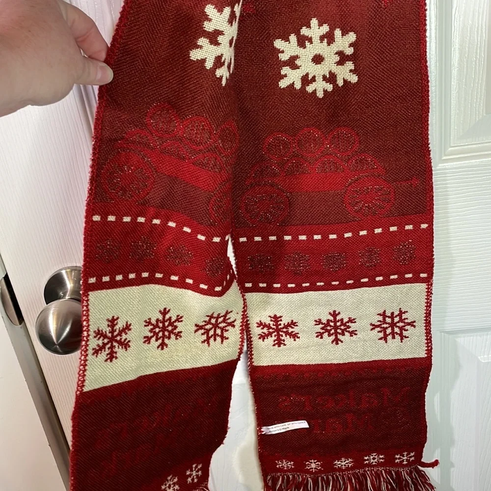 Maker’s Mark red / ivory holiday scarf with snowflakes trees & fringe trim